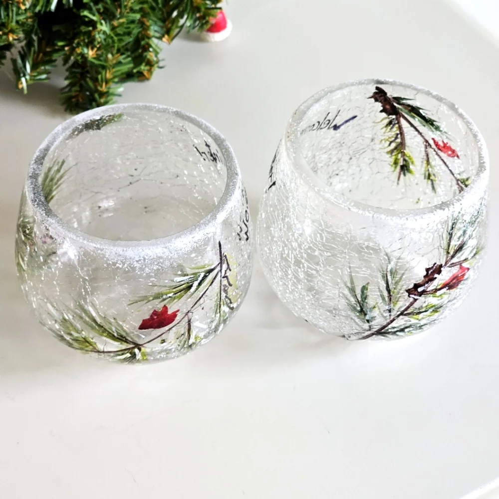 Vintage Yankee Welcome Winter Crackle Frosted Glass Votive Pine Candle Holders